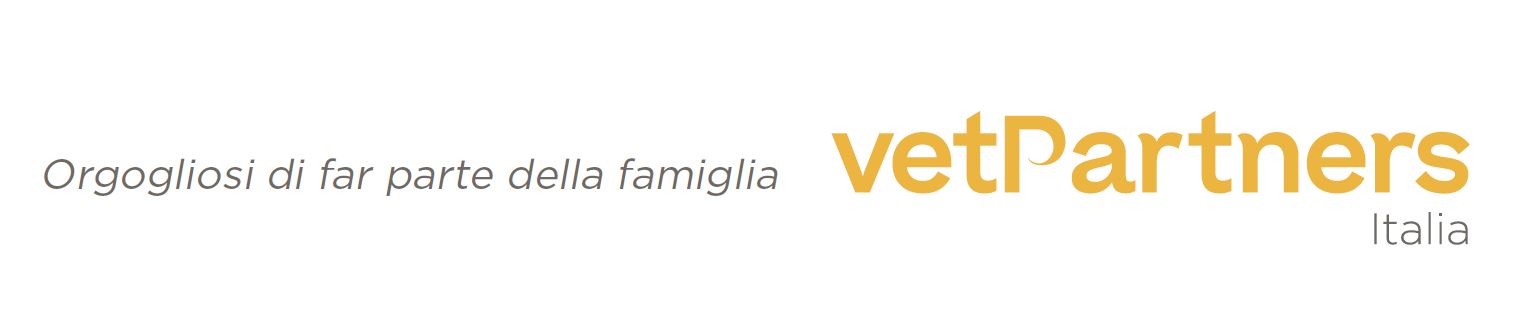 Testo in italiano che dice Orgogliosi di far parte della famiglia vetPartners Italia su sfondo bianco. Il testo è una combinazione di colori grigio e arancione.