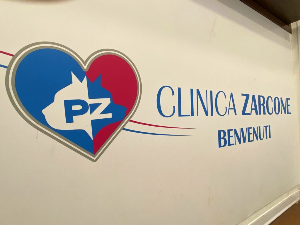 IMAGE 2025-10-21 12_45_08 Un'insegna a muro con un logo a forma di cuore con la sagoma di un animale domestico e le lettere PZ. Accanto, la scritta CLINICA ZARCONE BENVENUTI in blu.