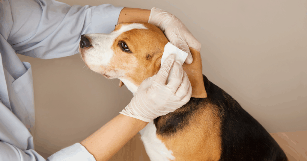 dermatologia-veterinaria Un veterinario con i guanti pulisce delicatamente l'orecchio di un cane beagle con un panno, durante una visita di dermatologia veterinaria. Il cane sembra tranquillo e sta fermo mentre si prende cura di lui.