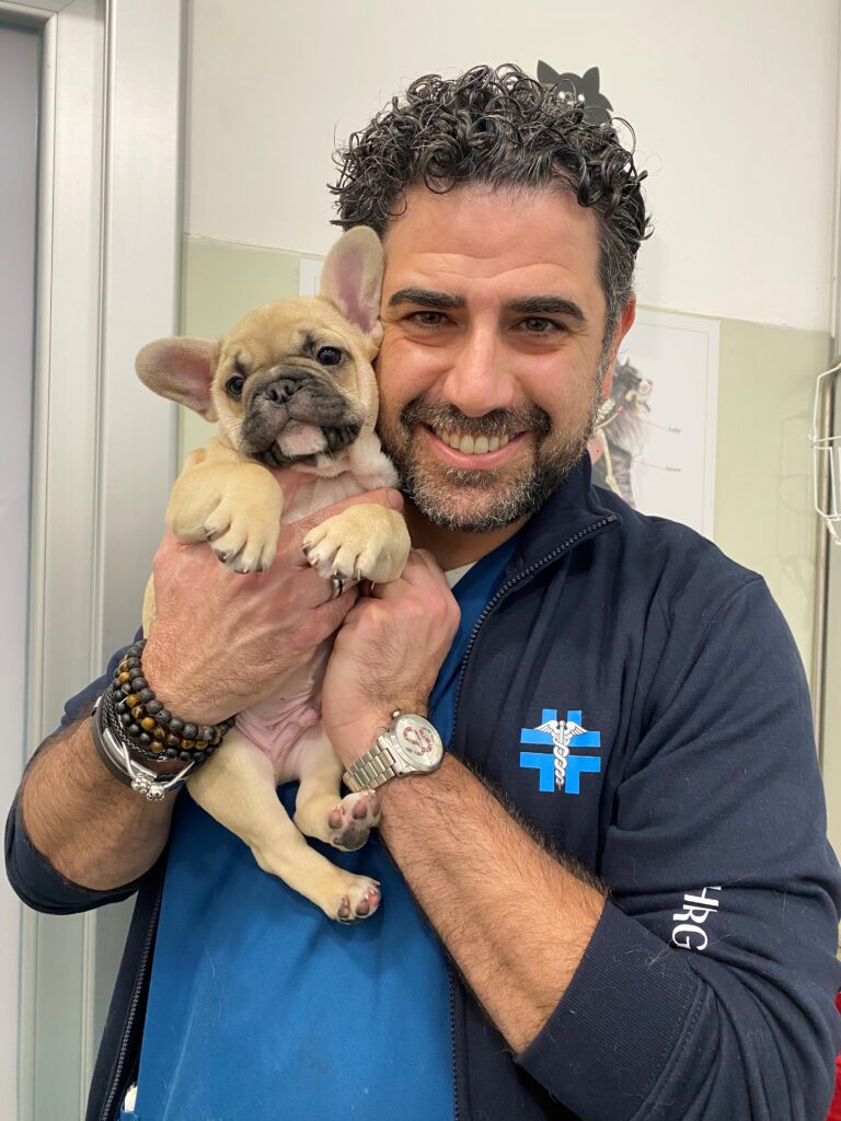 paolo zarcone 1 Un uomo sorridente con capelli ricci e barba tiene in braccio un piccolo cucciolo di bulldog francese abbronzato. L'uomo indossa una giacca scura con cerniera e il simbolo di una croce medica blu e diversi braccialetti, in piedi al chiuso vicino a un muro bianco.